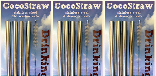 4 Stainless Steel Wide Smoothie Straws - CocoStraw Large Straight Frozen Drink Straw - 4 Pack + Cleaning Brush
