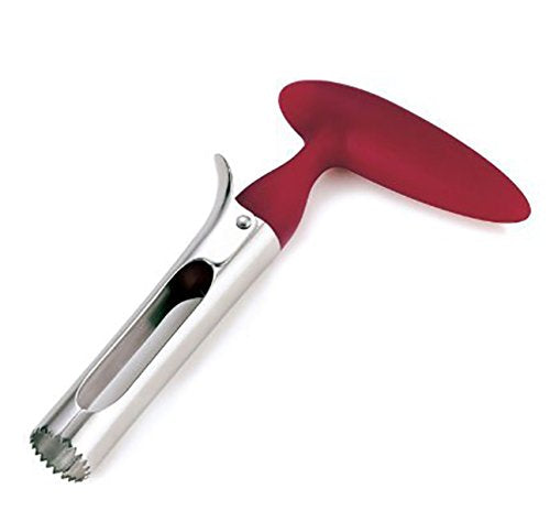 Apple Corer Lever Tool by BRIGHT KITCHEN Stainless Steel Pear Fruit Seed Remover Cherry Red Grip with Serrated Blade