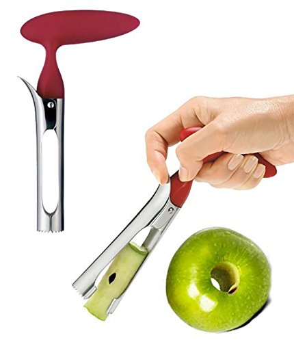 Apple Corer Lever Tool by BRIGHT KITCHEN Stainless Steel Pear Fruit Seed Remover Cherry Red Grip with Serrated Blade