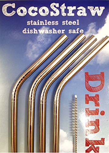CocoStraw 10 Reusable Straws - Stainless Steel Drinking - Set of 10 + Cleaner - Eco Friendly, SAFE, NON-TOXIC non-plastic- CocoStraw Brand