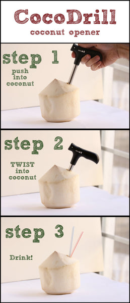 CocoDrill Young Coconut Opening Tool -(Punch Tap) Knife Opener for Raw Coco Water Juice - Makes Straw Hole! (Fresh, Thai, Hawaii)
