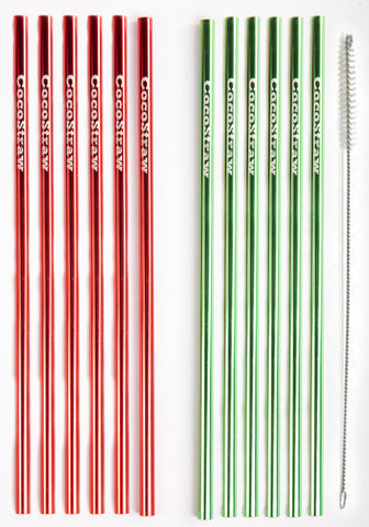 12 Xmas Christmas Metal Drinking Straws Red Green Reusable Eco Friendly 10.25" Tall Long