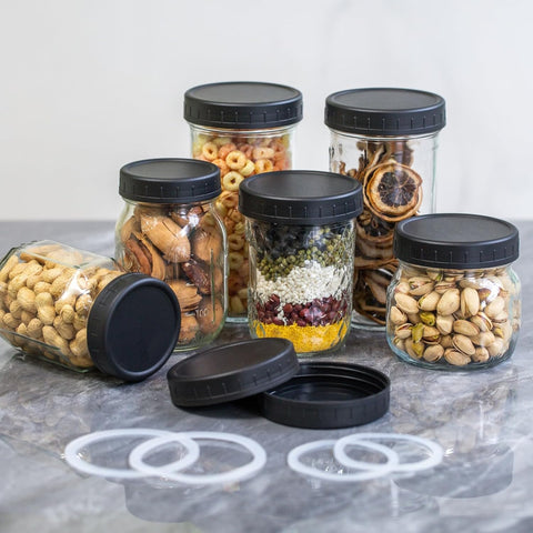 Canning Pack with Accessories for Mason Jars – 12 Black Lids, Silicone Gaskets, Jar Opener, Funnel, and Cleaning Brush