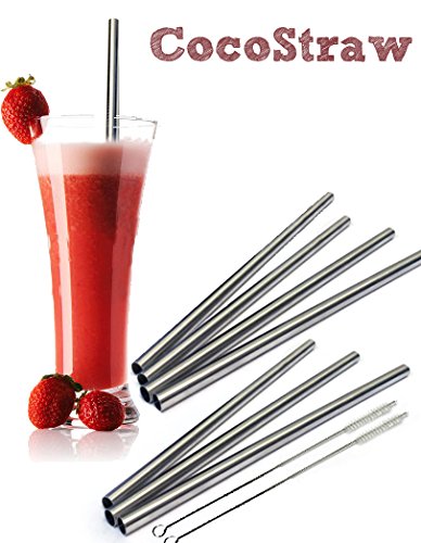 8 Stainless Steel Wide Smoothie Straws - CocoStraw Large Straight Frozen Drink Straw plus Cleaning Brush (8)
