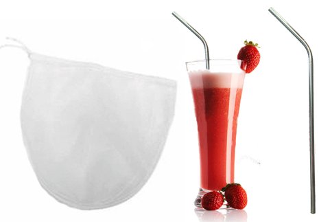 Nut Milk Bag + Stainless Steel Straw By Bright Kitchen - Large Fine Nylon Mesh for Straining Mylk Juice Sprouting and More! Metal Drinking Straws Are Eco-friendly!