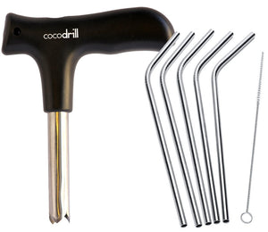 CocoDrill Coconut Opener Tool + 5 Reusable Straws -COMBO PACK - Stainless Steel Drinking - 1 metal straw + Cleaner - Eco Friendly, SAFE, NON-TOXIC