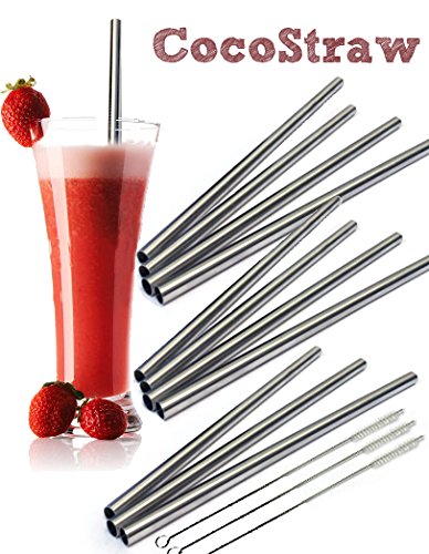 12 Stainless Steel Wide Drink Straws - CocoStraw Large Straight Frozen Smoothie Straw - 12 Pack + 3 Cleaning Brushes