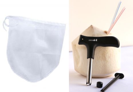 Bright Kitchen Nut Milk Bag + CocoDrill Coconut Opener Tool Combo = 1 Gallon XL nutmilk bag for sprouting, juicing+ open young coconut water!