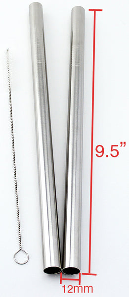 2 Stainless Steel Straws Big Straw Extra Wide 1/2" x 9.5" Long Thick FAT - CocoStraw Brand