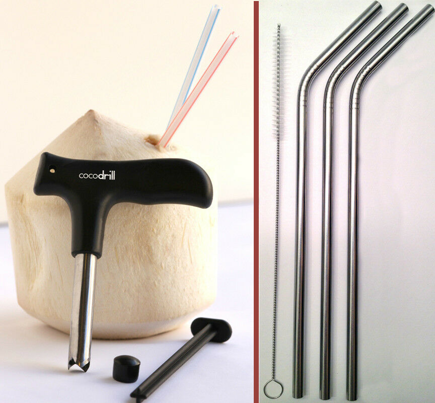 USA CocoDrill Coconut Opener Tool + 3 Stainless Steel Straws tap Opening Drill
