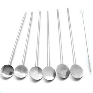 Fine Stainless Steel Reusable Spoon Drink Straw Set Long Spoons / Stirrer Flatware for Your Home 6PCS Value Set With Free Cleaner