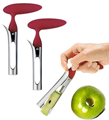 2 PACK - Apple Corer Lever Tool by BRIGHT KITCHEN Stainless Steel Pear Fruit Seed Remover Cherry Red Grip with Serrated Blade