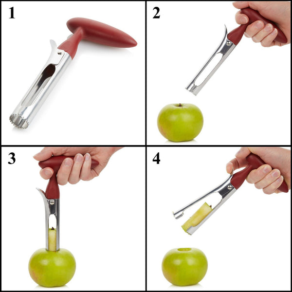 Apple Corer Lever Tool + Pear Pepper Poker Pusher by BRIGHT KITCHEN Stainless Steel Pear Fruit Seed Remover Cherry Red Grip with Serrated Blade