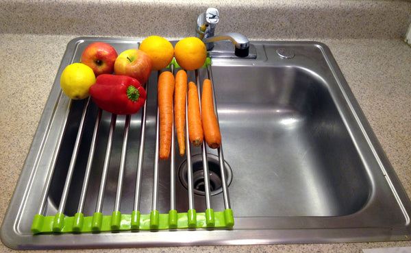 Folding Drain Rack - Stainless Steel Washing Station Colander Drying Tray Sink Suspended - Folds for Easy Storage - Great for Rinsing Vegetables and Fruit
