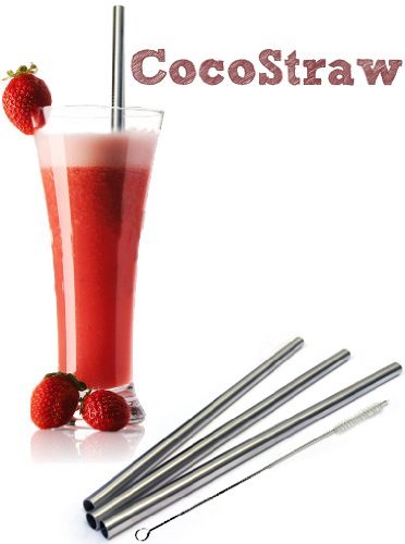 4 Stainless Steel Wide Smoothie Straws + Cleaning Brush + Citrus Peeler - CocoStraw Large Straight Frozen Drink Straw - 4 Pack + Cleaning Brush