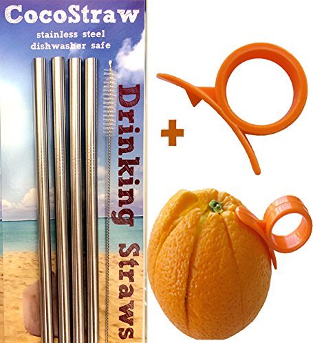 4 Stainless Steel Wide Smoothie Straws + Cleaning Brush + Citrus Peeler - CocoStraw Large Straight Frozen Drink Straw - 4 Pack + Cleaning Brush