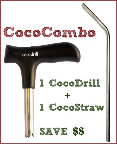 CocoDrill Coconut Opener Tool + Reusable Straw -COMBO PACK - Stainless Steel Drinking - 1 metal straw + Cleaner - Eco Friendly, SAFE, NON-TOXIC