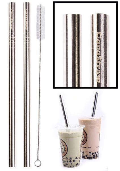 2 BOBA Straw Stainless Steel Extra Wide 1/2" x 9.5" Long Tapioca Pearl Bubble Tea Thick FAT - CocoStraw Brand (2 Flat End Boba)