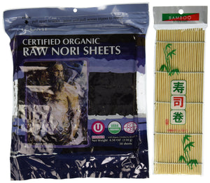 Raw Organic Nori Sheets 50 qty Pack + Free Sushi Roller Mat! - Certified Vegan, Raw, Kosher Sushi Wrap Papers - Premium Unheated, Un Cooked, Untoasted, Dried - RAWFOOD