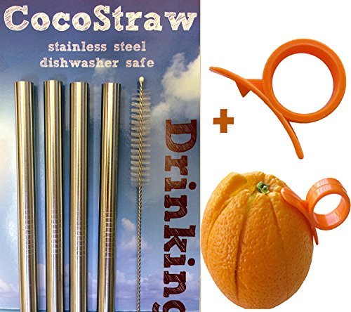 4 Stainless Steel Wide Smoothie Straws + Cleaning Brush + Citrus Peeler - CocoStraw Large Straight Frozen Drink Straw