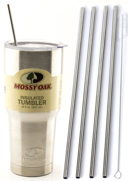 4 LONG Stainless Steel Straws Mossy Oak 30-Ounce Double Wall Stainless Steel Mug - CocoStraw Brand Drinking Straw (4 Straight Straws)
