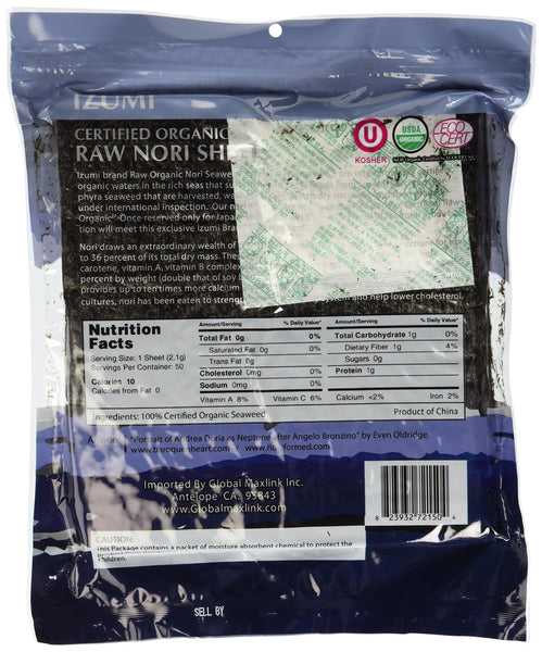 Raw Organic Nori Sheets 50 qty Pack + Free Sushi Roller Mat! - Certified Vegan, Raw, Kosher Sushi Wrap Papers - Premium Unheated, Un Cooked, untoasted, dried - RAWFOOD