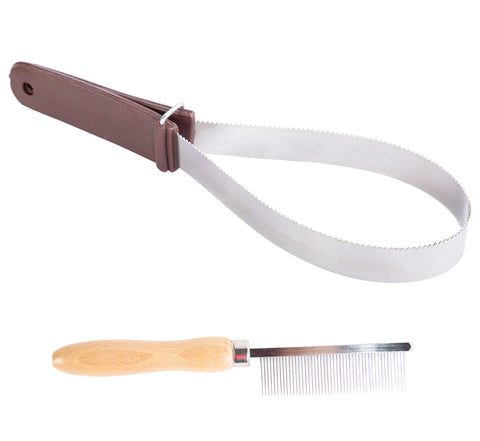 Shedding Blade For Dogs Stainless Steel Dual Sided Horse Brush Scraper Squeegee Comb Loop or Open Grooming Brown Grip
