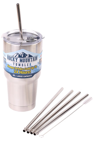 4 Bend Stainless Steel Straws for Rocky Mountain 30 Ounce Double-Wall Tumbler Vacuum Cup - CocoStraw Brand Drinking Straw TV (4 WIDE straws + Straw Lid)