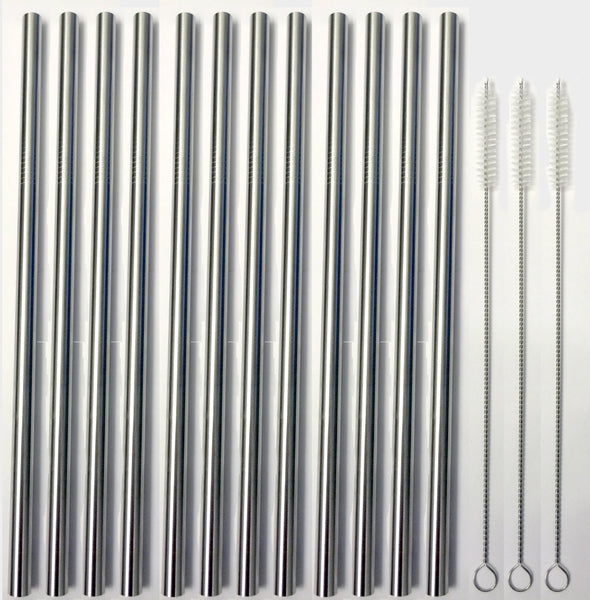 12 Stainless Steel Wide Drink Straws - CocoStraw Large Straight Frozen Smoothie Straw - 12 Pack + 3 Cleaning Brushes
