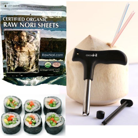 CocoDrill Coconut Opener + 50 Raw Organic Nori Sheets COMBO - Open Tap Coco Water, Fresh Tool, Extractor + Sushi Roll Paper Wraps KOSHER