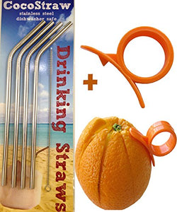 4 Stainless Steel Straws + FREE Cleaning Brush & Citrus Peeler -- FUN! Handy, Elegant, Metal, Washable, SAFE, NON-TOXIC non-plastic or glass - UNbreakable! CocoStraw Brand Drinking Drink Straw