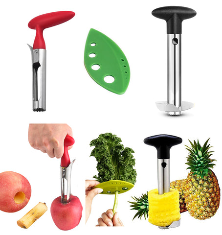 Apple Corer + Pineapple Tool + Herb Kale Stripper- Lever Tool by BRIGHT KITCHEN Stainless Steel Pear Fruit Seed Remover Cherry Red Grip with Serrated Blade (Apple + Pineapple + Herb)