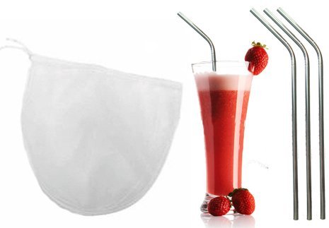 Nut Milk Bag + 3 Stainless Steel Straws By Bright Kitchen - Large Fine Nylon Mesh for Straining Mylk Juice Sprouting and More! Metal Drinking Straws Are Eco-friendly!