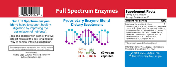 Full Spectrum Enzymes Cutting Edge Cultures VEGAN 60 capsules Proprietary Blend Digestion Protease Peptidase Bromelain & more